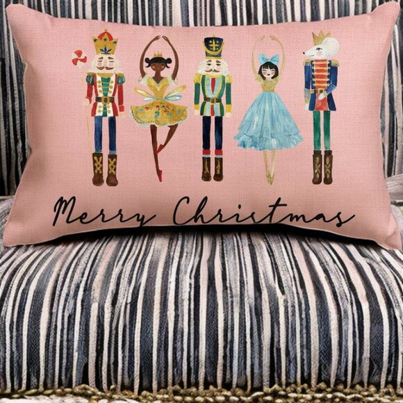 Nutcracker Christmas Pillow Cover Decorative Pink Case Accent Xmas Holiday Decor - Picture 2 of 5
